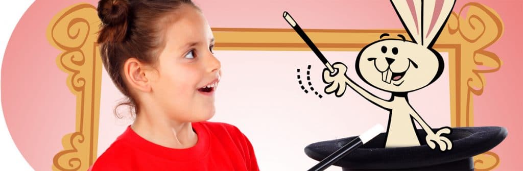 Jokes and Magic - Girl with magic wand with Magic Rabbit mascot character appearing from her hat