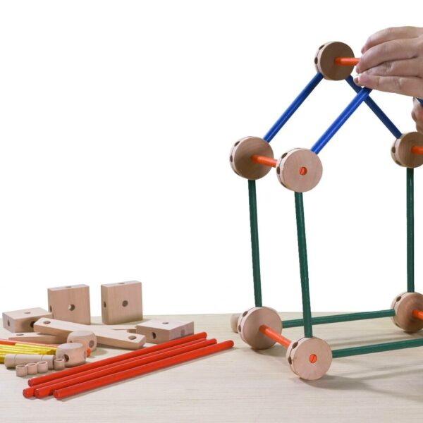 Wooden sticks and spools connecting toy video